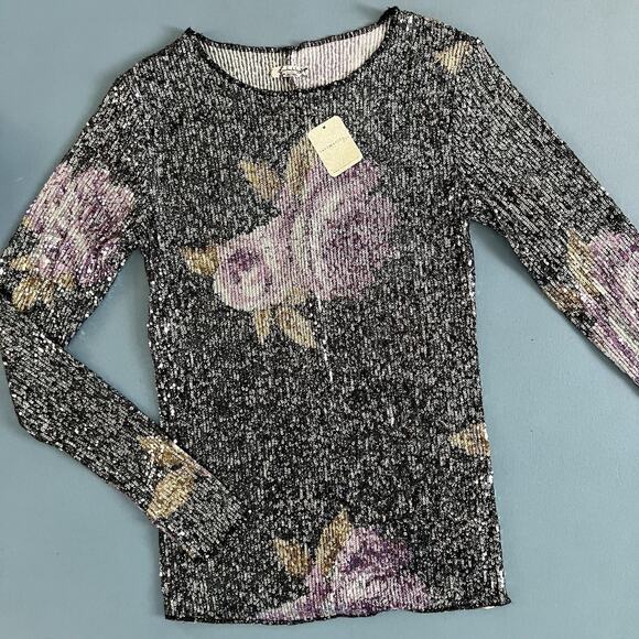 NWT Free People Intimately Gold Rush Black Combo Printed Sequin Long Sleeve - Picture 3 of 6